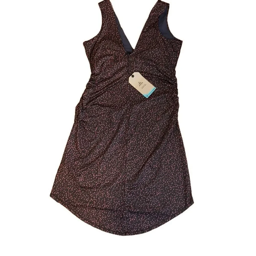 prAna NWT Pearl Isla Dress Empire waist, Ruched in MED color Deep Pine Spots